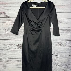 Kay Unger Portrait Black Satin V-Neck Shawl Collared Sheath Evening Dress Size 6